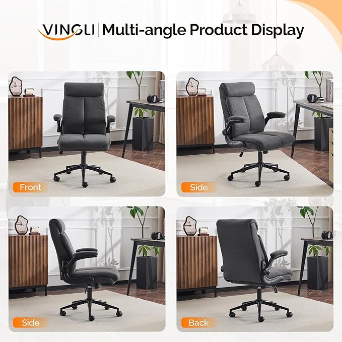 VINGLI Rolling Ergonomic Office Desk Chair with Padded Flip-up Arms, 360° Swivel High Back Executive Computer Task Chair with Wheels for Game，Home Small Space, Study Room, Reading Room, Linen Black