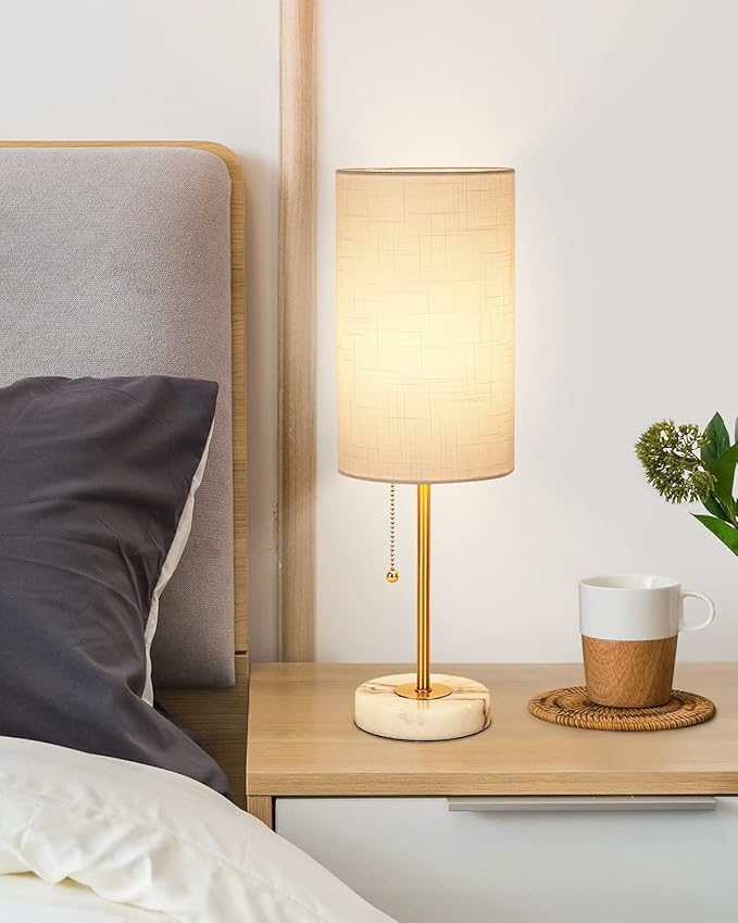 Small Table Lamp, Bedroom Lamps Set of 2, 3 Way Dimmable Bedside Lamps with Marble Base & Linen Shade &Pull Chain Nightstand Lamps 18.5 Inches Desk Lamps for Living Room(Bulbs Included)