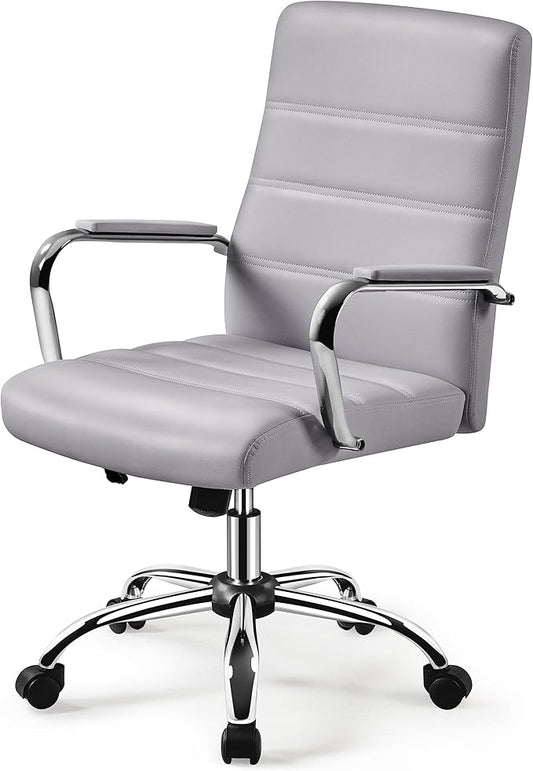 Yaheetech Mid-Back Office Chair with Arms Swivel PU Leather Height Adjustable Office Executive Chair, Light Gray