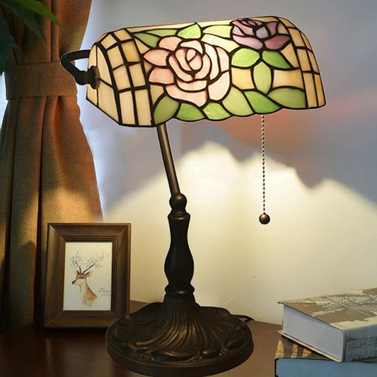 Tiffany Style Pink Rose Stained Glass Banker Desk Lamp, 10.62" W x 15.35" H, E26 Base, LED, 40W Max, Painted Alloy Base, Not Water Resistant