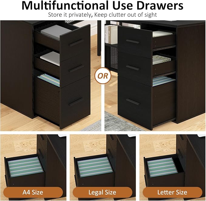 HSH Black L Shaped Desk with File Drawers Shelves, Reversible Corner Metal Wood Computer Desk with Storage Cabinet, Modern Large Executive Work Writing Study Table for Home Office Bedroom, 59 Inch