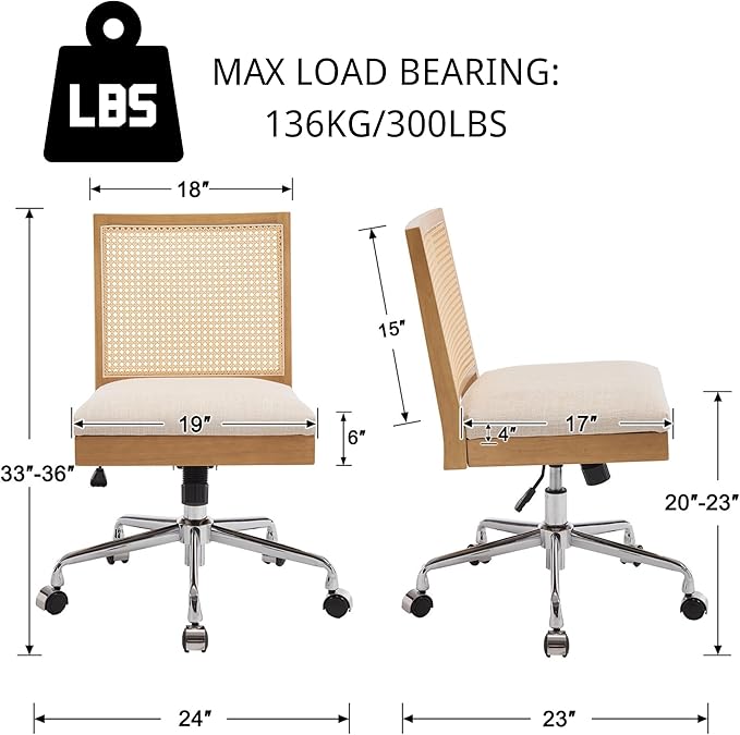 Rattan Desk Chair Linen Fabric Upholstered Computer Office Chair, 360° Swivel Work Chair with Wheels Comfortable Armless Chair for Home Office Study Studio, Beige