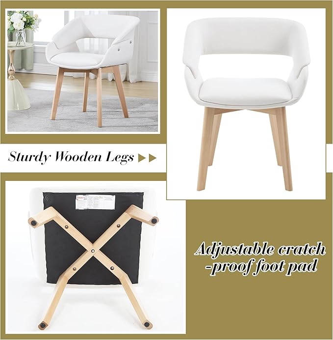 Home Office Desk Chair No Wheels Set of 6, Upholstered Linen Fabric Modern Accent Side Armchair with Wood Legs Hollow-Out Back, for Vanity Living Dining Room Bedroom, Beige