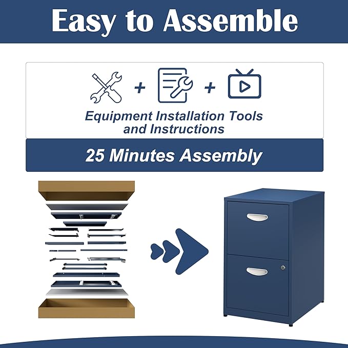 2 Drawer File Cabinet with Lock,Blue Metal Office Drawers Filing Cabinets for Home Office, Two Drawer Under Desk File Cabinet for Hanging Letter,Easy Assemble