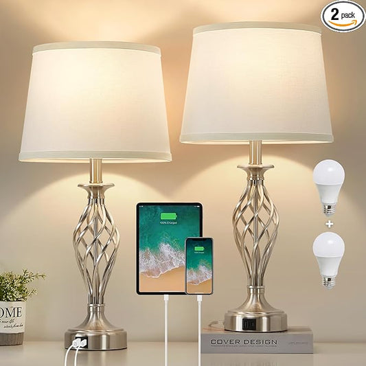 Table Lamp for Bedroom Set of 2 with USB C+A Ports, Modern Bedside Lamps with Spiral Cage Base, White Fabric Shade, Nightstand Lamp for Living Room Reading Bed Side End Table, 2 LED Bulbs Included