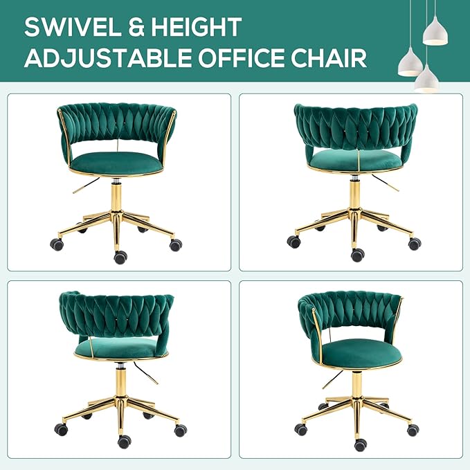 NIOIIKIT Velvet Office Desk Chair with Hand Woven Backrest, 360° Swivel & Height Adjustable Task Chairs, Makeup Chair, Living Room Chairs with Stainless Base and 5 Wheels (Emerald)