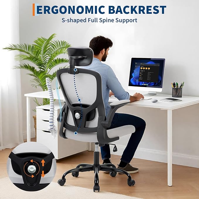 Office Chair – Ergonomic Desk Chair, Adjustable Lumbar Support and Headrest, Flip-Up Armrests, Mesh Computer Desk Chair, Swivel Rolling Executive Gaming Chair for Home & Office (Gray)