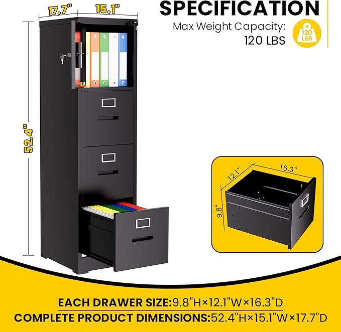 Vertical File Cabinet with 3 Drawers and 1 Door, Metal Filing Cabinet for Home Office, Lockable File Cabinets with Keys for Legal/Letter Size Hanging File Folders, Assembly Required, Black