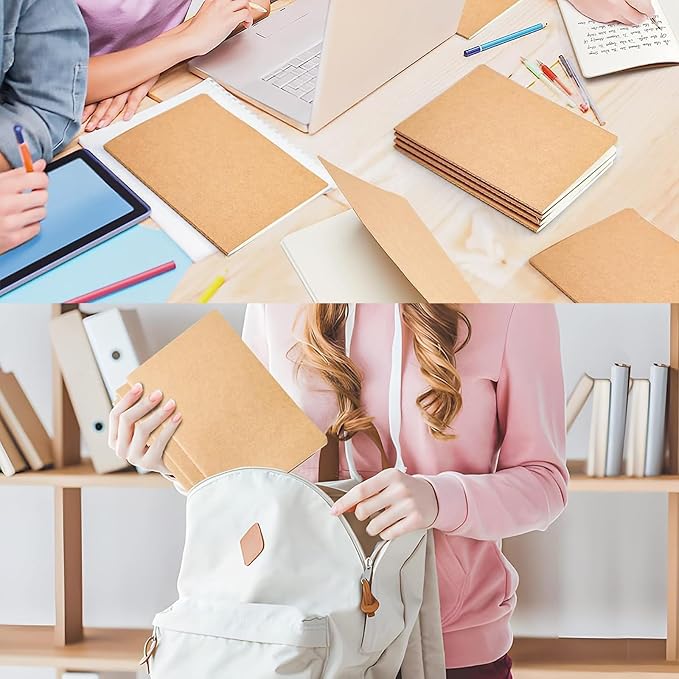 12 Pack A5 Blank Notebook Bulk Kraft Cover Travel Journals Composition Diary Subject Notebooks Planner 60 Pages, 8.3”x 5.5”