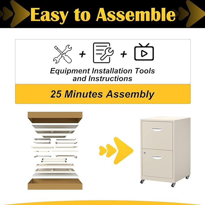2 Drawer File Cabinet with Lock，Cream Rolling File Cabinet for Home Office, Metal Small Mobile Filing Cabinets on Wheels for Hanging Letter