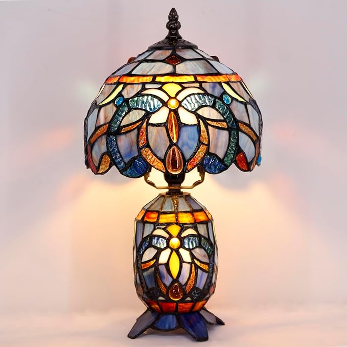 Small Tiffany Lamp Stained Glass Table Lamp Mini Mother Daughter Vase Desk Accent Night Light for Bedroom Bedside Reading Home Antique Style 8X14 Inches (Blue Purple)