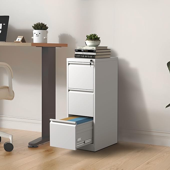 3-Drawer Locking Vertical File Cabinet, Metal Storage Cabinet for Office/Home – Secure Vertical Filing for Letter/Legal/A4/F4 Documents, Easy to Assemble Steel Cabinet (White, 3 Drawer-40 H)