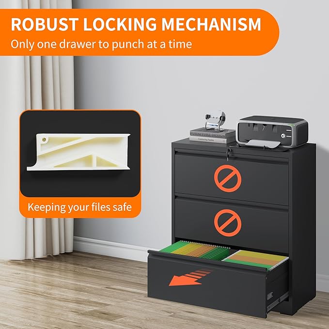 Lateral File Cabinet with 3 Drawer Heavy Duty Large Metal File Cabinets with Lock Home Office Black Filing Cabinets Wide Steel Cabinet for Legal/Letter Size File,Assembly Required