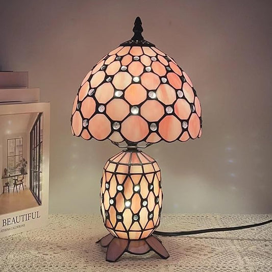 Small Tiffany Lamp Stained Glass Table Lamp Mini Mother Daughter Vase Desk Accent Night Light for Bedroom Bedside Reading Home Antique Style 8X14 Inches (Pink)