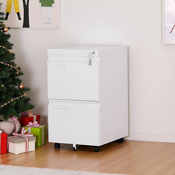 SUXXAN 2 Drawers Mobile File Cabinet, Metal Under Desk Cabinet with Lock, for Office & Home, Legal/Letter Size, W14.57”x D17.36”x H25.79”, Assembly Required(White)