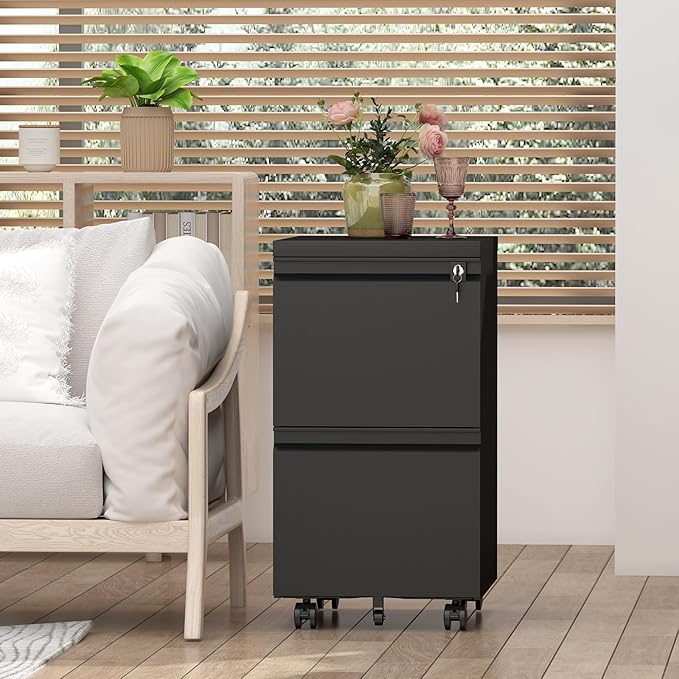 2 Drawer Black File Cabinet with Lock,29" H Small Filing Cabinet for Under Desk,Metal Mobile File Cabinet for Home Office Organizer Letters/Legal/A4(Assembly Required)