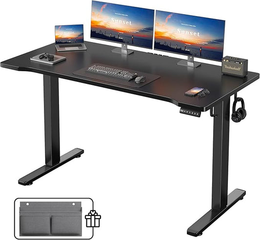 EnHomee 48 Inch Electric Standing Desk, 3 Adjustable Height Stand up Desk for Home Office, Height Adjustable Desks with Detachable Side Mount Pocket, Headphone Hook, Light Strip, Computer Desk, Black