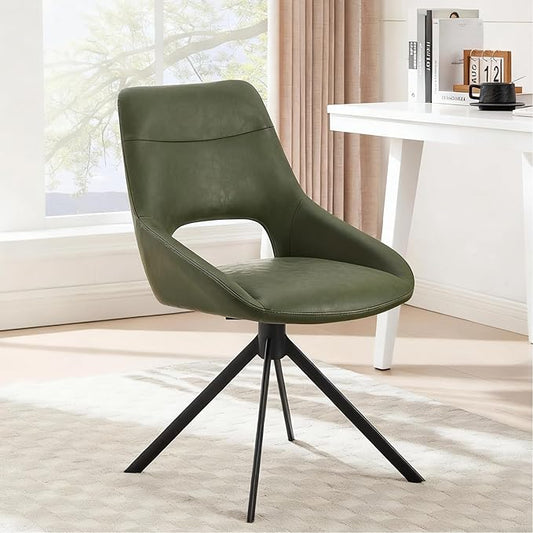 Zesthouse Modern Desk Chair No Wheels, Swivel Vanity Chair with Hollow Back, Armless Home Office Chair for Girls Women, Green Faux Leather Computer Task Chair for Bedroom