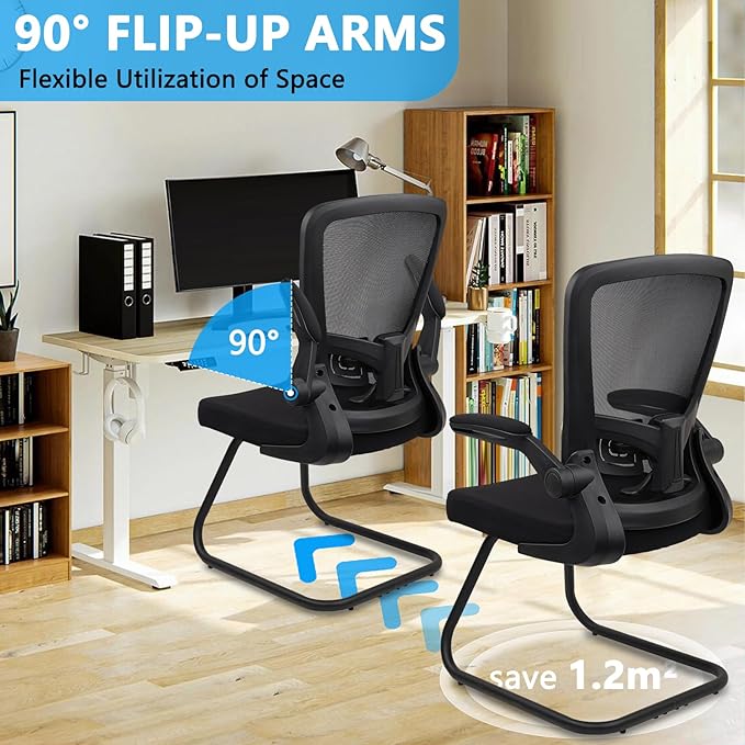 CLATINA Office Guest Chair no Wheels, Ergonomic Mesh Desk Chair Adjustable Lumbar Support and Flip Up Arms, Sled Base for Office Guest & Reception Chairs for Conference Room,Black (1PK)