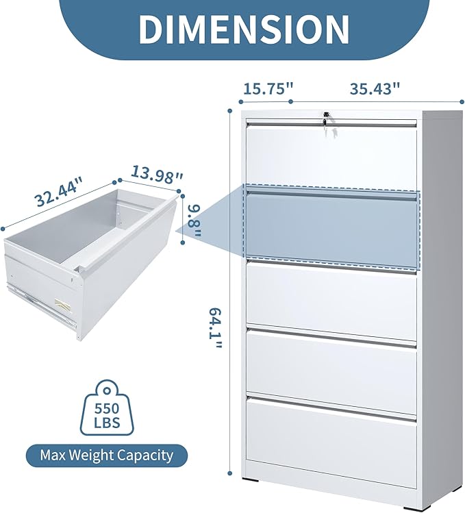 AQY 5 Drawer File Cabinet with Lock,Metal Lateral File Cabinets for Home Office,Steel Wide Filing Organization Storage Cabinets for Hanging Files Letter/Legal/F4/A4 Size,Assembly Required(White)