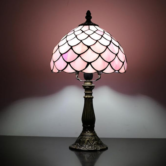 Tiffany Small Table Lamp for Bedroom Bedside Nightstand Table Lamps for Living Room 3 Way Color Temperatures Stained Glass Table Lamp 8X8X15 Inch Home Office Reading Desk Lamp (pink fish scales)