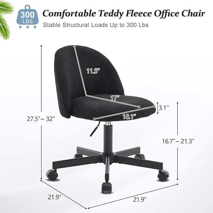 VINGLI Cute Candy Chair Armless Comfy Small Office Desk Vanity Chair with Wheels & Lumbar Support,Teddy Adjustable Rolling Swivel Computer Task Ch for Home Office,Bedroom,Black