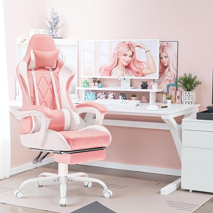 Homall Gaming Chair, Computer Chair with Footrest and Massage Lumbar Support, Ergonomic High Back Video Game Chair with Swivel Seat and Headrest (Pink)