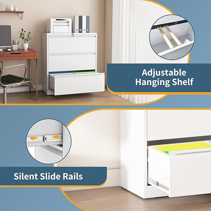 3 Drawer File Cabinet with Lock, Lateral Filing Cabinets,Metal Storage Filing Cabinets for Home Office, Heavy Duty File Cabinet for Letter/Legal/A4/F4 Size Amssebly Required, White