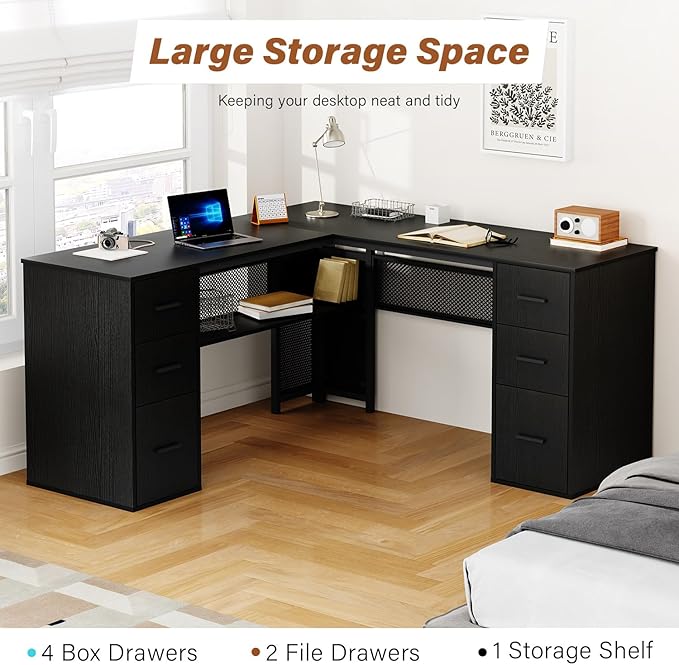 HSH Black L Shaped Desk with File Drawers Shelves, Reversible Corner Metal Wood Computer Desk with Storage Cabinet, Modern Large Executive Work Writing Study Table for Home Office Bedroom, 59 Inch