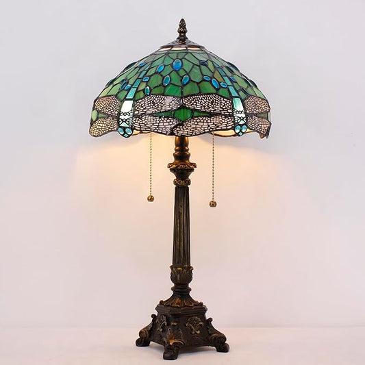 Tiffany Table Lamp Green Stained Glass Desk Lamp 12X12X21 Inches Dragonfly Style Reading Light
