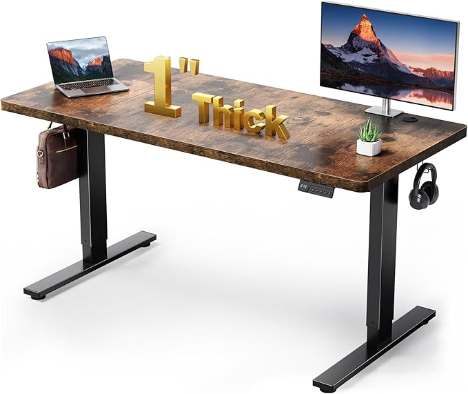 1 Inch Thick Tabletop Electric Standing Desk Adjustable - 60x28 Inch Sit Stand Desk, Double Beam Frame, 3 Memory Height Adjustment, Cable Management for Home Office
