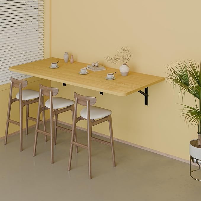 IAE 55" x 22" Floating Foldable Desk,Wall-Mounted Folding Computer Table with Engineered Wood,Study Table with Shelf Brackets,Fold Down Shelf,Fold Computer Desk for Small Spaces,Holds 500 lb,Natural