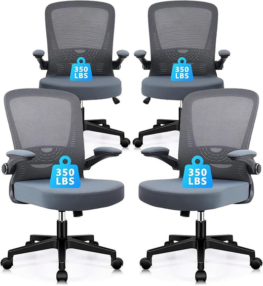 CLATINA Desk Chairs with Wheels, Ergonomic Rolling Mesh Office Chair Adjustable Height and Lumbar Support Home Office Computer Chair with Flip Up Armrests, Grey 4PK