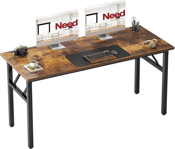Need Office Computer Desk - 54.3L Sturdy and Heavy Duty Folding Laptop Table,Writing Table/Home Office Desk/Sewing Table,No Assembly Required (Rustic Brown & Black Frame)