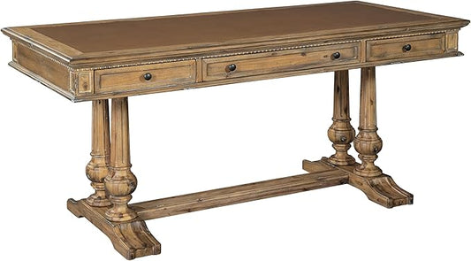Hekman Furniture Wellington Hall Office Desk - Leather Top, Fluted Column Base, Writing Table, Antique Brass Hardware & Utility Drawers Luxury Wooden Executive Desk with Drop Front Keyboard Tray