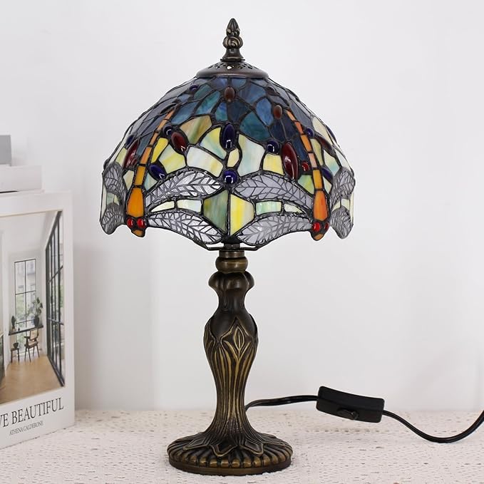 Small Tiffany Lamp Stained Glass Table Lamp Mini Desk Accent Light for Bedroom Bedside Reading Home Antique Style Decor 8X15 Inches (Blue Yellow)
