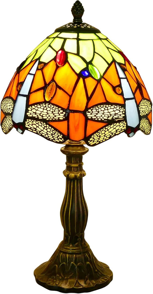 Tiffany Lamp Orange Dragonfly Stained Glass Table Lamp Desk Reading Light, 8" Wide 15" Tall Bronze Base Bedside Table Lamp Decor for Bedroom Living Room Home Office