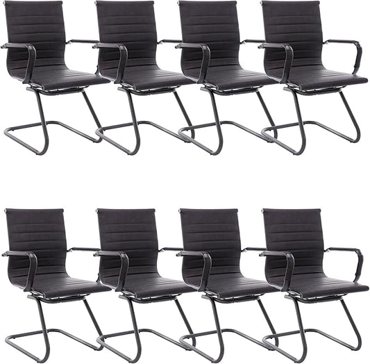 Office Desk Chair No Wheels Set of 8 PU Leather Computer Chairs Mid Back Guest Chairs for School Reception Conference Waiting Room, Vintage Charcoal