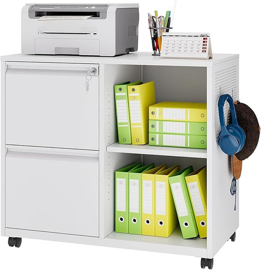 Lateral 2 Drawer Filing Cabinet with Lock, Mobile File Cabinet on Wheels, Printer Stand with Storage for Legal/Letter/A4 File Folders(White)