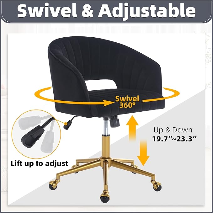 ABET Desk Chair with Wheels, Velvet Home Office Chair, Swivel Armchair Gold Base, Upholstered Modern Accent Chairs, Back Incline Adjustable for Living Room Bedroom Vanity, Black