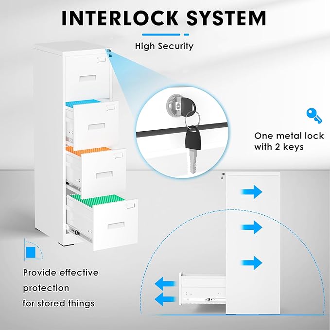Greenvelly 18" D File Cabinet, 4 Drawer Vertical File Cabinet with Lock, Locking Filing Cabinet for Home Office, White Metal File Cabinet for Hanging Letter/Legal Folders, Easy Assemble