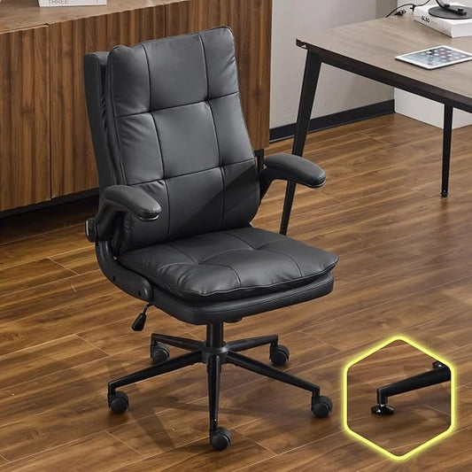 VINGLI Comfy Black Leather Office Desk Chair,Ergonomic High-Back Support Computer Gaming Chair with/No Wheels,Dual-Base,Adjustable Height,Flip-Up Arms,360° Swivel Rolling Task Chair for Home Office