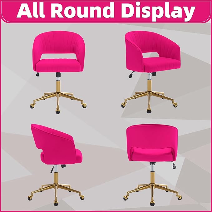 ABET Desk Chair with Wheels, Velvet Home Office Chair, Swivel Armchair Gold Base, Upholstered Modern Accent Chairs, Back Incline Adjustable for Living Room Bedroom Vanity, Hot Pink