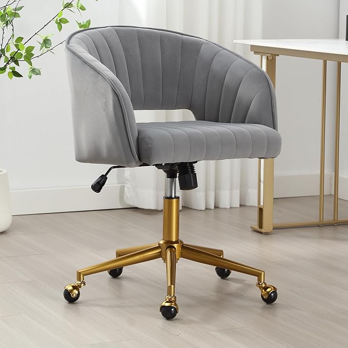 ABET Desk Chair with Wheels, Velvet Home Office Chair, Swivel Armchair Gold Base, Upholstered Modern Accent Chairs, Back Incline Adjustable for Living Room Bedroom Vanity, Grey