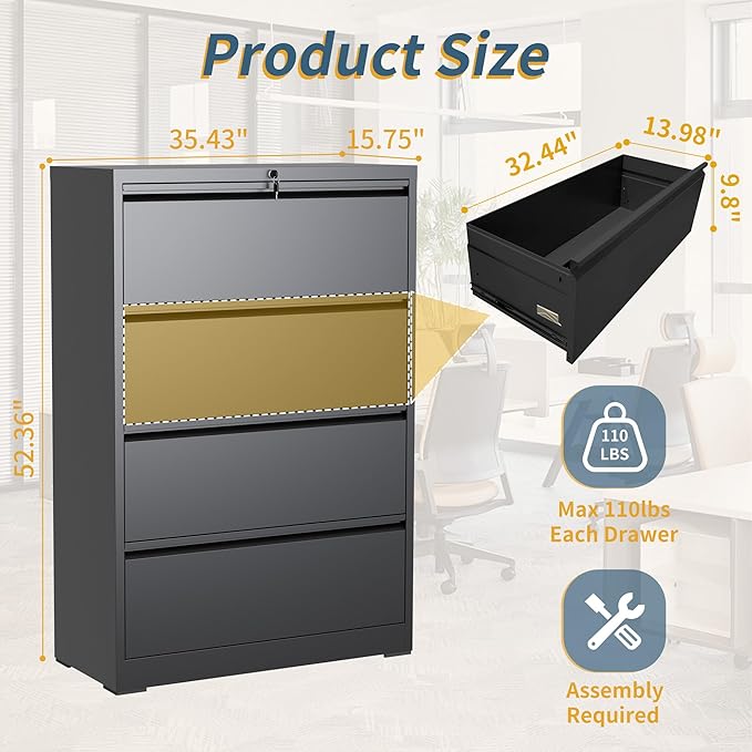 4 Drawer File Cabinet with Lock, Lateral Filing Cabinets,Metal Storage Filing Cabinets for Home Office, Heavy Duty File Cabinet for Letter/Legal/A4/F4 Size Amssebly Required, Black