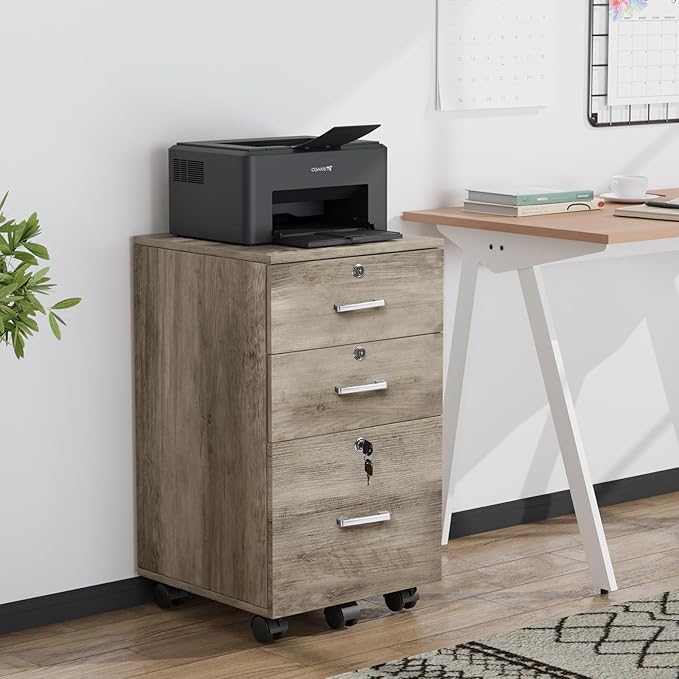 VINGLI 3-Drawer File Cabinet with Lock, Wood Rolling Under Desk File Cabinets for Home Office, Mobile Printer Stand & Filing Organizer for Letter Sized Files, 26" H(Caster Included), Rustic Gray