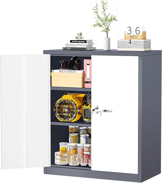Greenvelly Metal Cabinet, 36" Locking Storage File Cabinet with Doors and Shelves for Office,Home,Gym,School,Kitchen(Grey White)