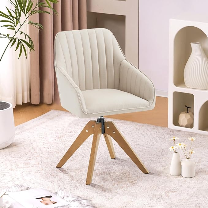 Furniliving Mid Century Modern Swivel Accent Chair for Living Room, Wood Desk Chair with Arms Mid Back Arm Chairs Upholstered Vanity Chair No Wheels for Home Office/Bedroom, Faux Linen Beige