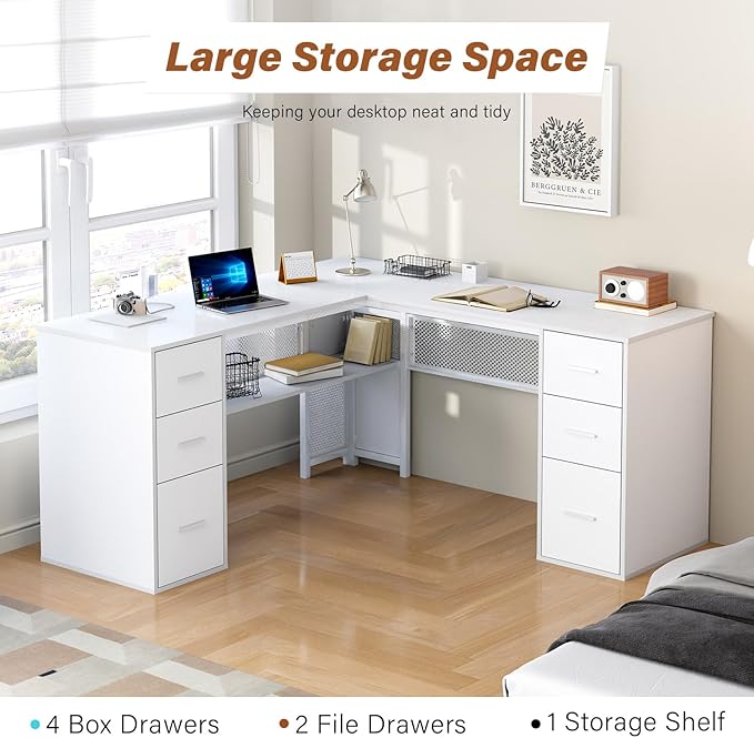 HSH White L Shaped Desk with Drawers Shelves, Large Home Office Corner Computer Desk with Storage File Cabinet, Modern Metal Wood Desk for Executive Writing Study Workstation, 59 Inch Bedroom Table
