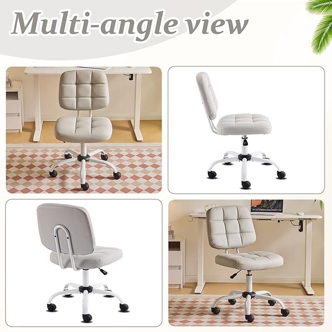 VINGLI Compact Small Desk Chair, Cute Armless Chair with Wheels, Vanity Chair with Low Back, Height Adjustable Task Chair for Small Spaces, Office, Bedroom, Make Up Room, PU Leather, Light Grey